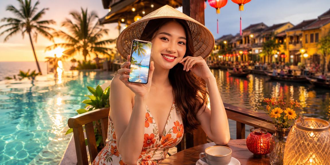 Người dùng xem xổ số và giải trí online tại quán cà phê Hội An trên điện thoại