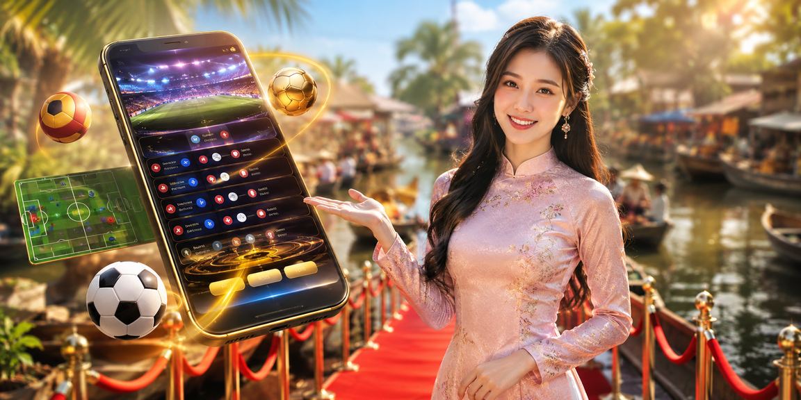 Phụ nữ áo dài dùng ứng dụng xổ số và giải trí tại vùng sông Mekong